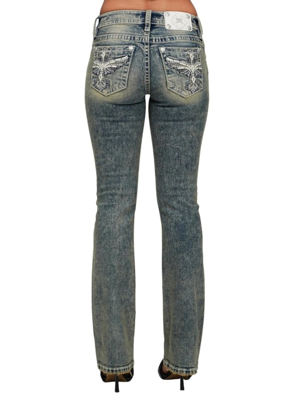 Mid-Rise Bootcut Jeans with Winged Cross Embellished Pockets for Women